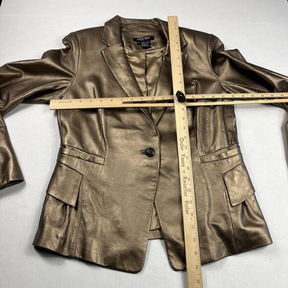 Etcetera Genuine Leather Jacket Metallic Bronze Retro Glam Peplum Blazer Size 8 - Picture 5 of 11
